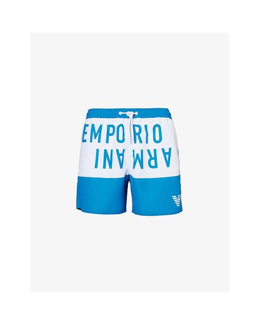 Emporio Armani Blue Brand-print Drawstring Swim Shorts for men