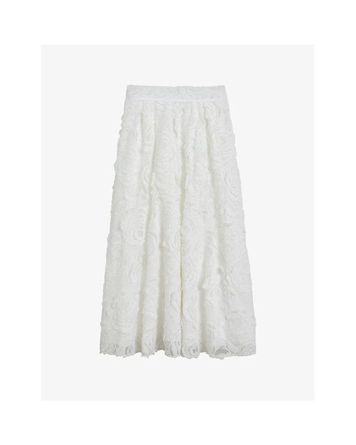Ted Baker White Rose-print Pleated Woven Midi Skirt