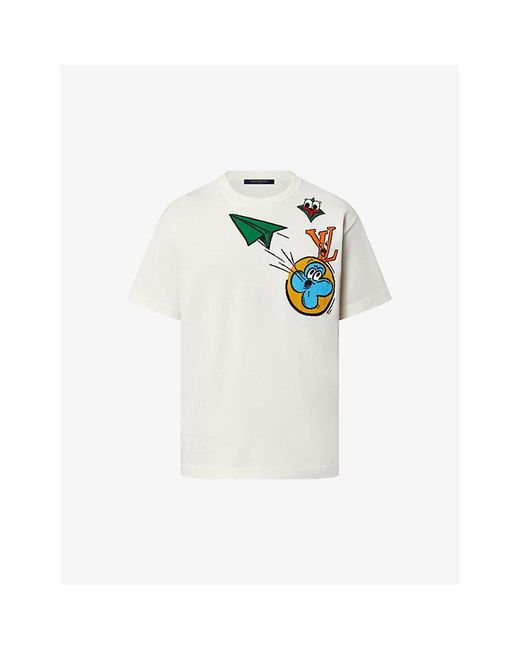 Louis Vuitton White Monogram Comics Graphic-intarsia Cotton T-shirt for men