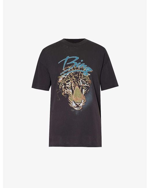 Anine Bing Black Leopard Graphic-print Organic-cotton Jersey T-shirt