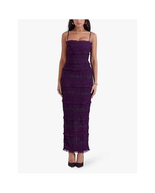House Of Cb Purple Solana Sequin-embellished Pleated Woven Maxi Dress