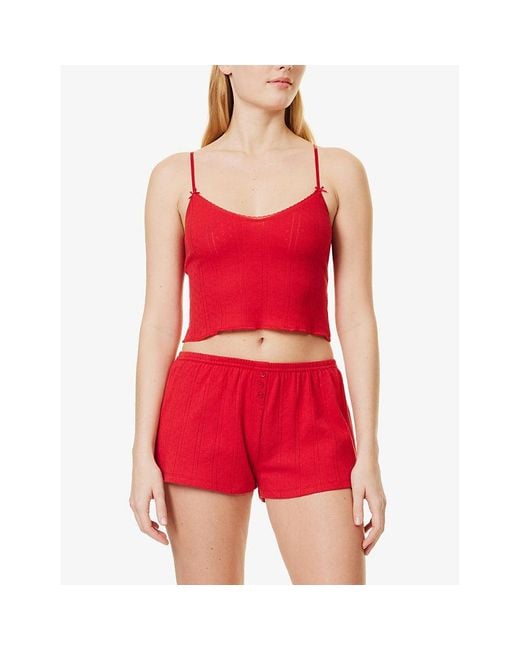 Cou Cou Intimates Pointelle-Pattern Mid-Rise Cotton Shorts in Red