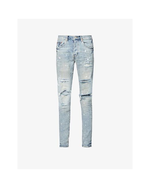 Purple Brand Blue Denim Paint Distressed Slim-fit Stretch-denim Jeans for men