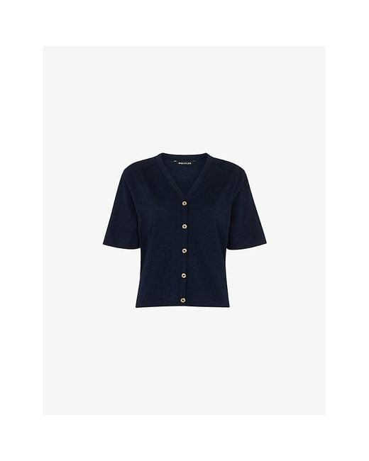 Whistles Blue Ella V-Neck Button-Through Cotton-Jersey T-Shirt