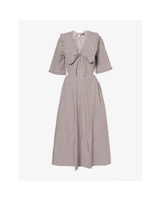 Ganni Gray Checked Cut-Out Cotton Midi Dress