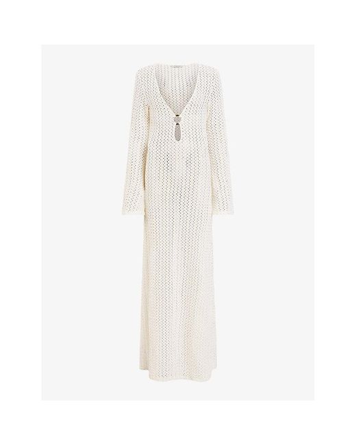 AllSaints White Karma Cut-out Long-sleeve Knitted Maxi Dress