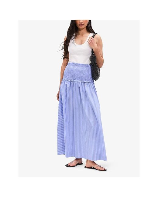 Ro&zo Blue Striped Shirred-Waist Cotton-Blend Maxi Skirt