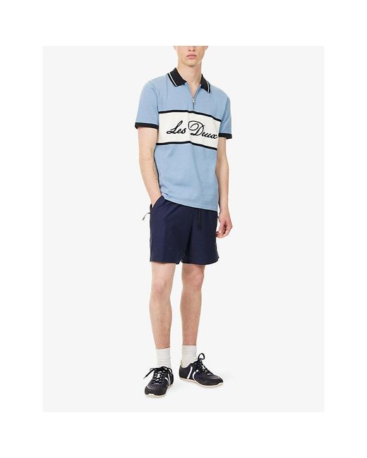 Les Deux Blue Knitted Zipper Cotton Polo T-Shirt for men