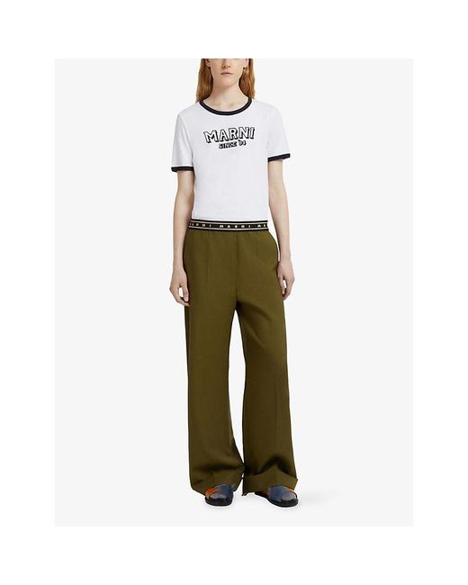 Marni Green Logo-Waistband Straight-Leg Wool Trousers