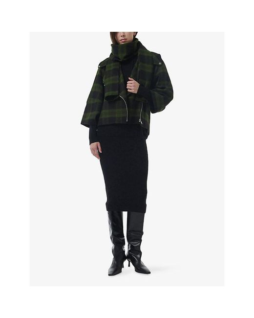 eem Black Check-Pattern Detachable-Scarf Biker Jacket