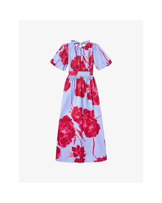 Ro&zo Red Floral Puff-Sleeved Stretch-Cotton Maxi Dress