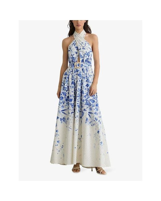 Reiss Blue Amaya Floral-Print Stretch-Cotton Maxi Dress