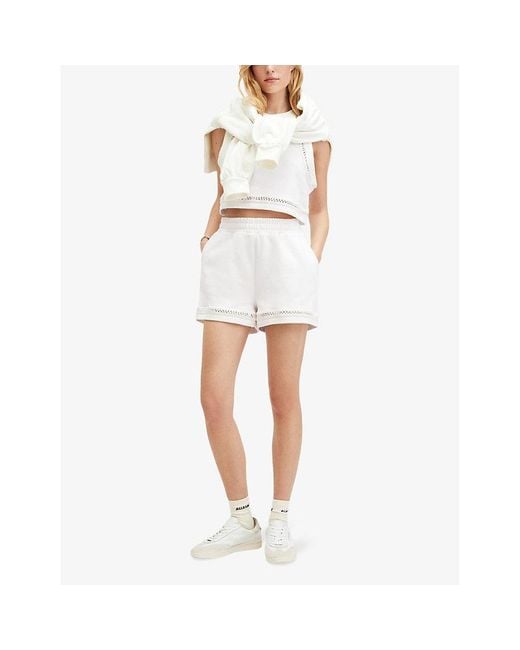 AllSaints White Ewelina Lila Ladder-trim High-rise Organic-cotton Shorts