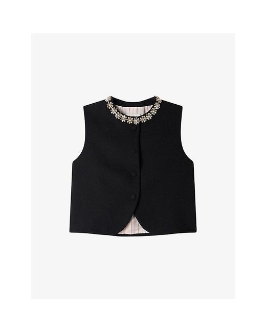 Sandro Black Sleeveless Jewel-Neck Wool Jacket