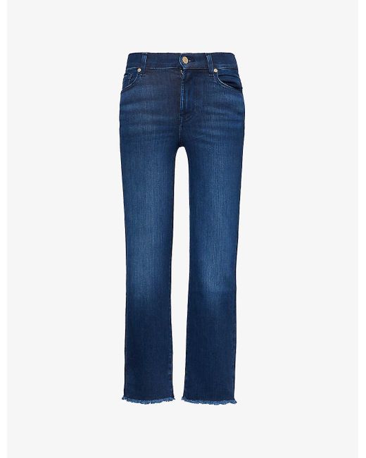 7 For All Mankind Blue The Straight Slim-fit Cropped Denim-blend Jeans