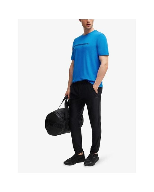Boss Blue Stripe And Brand-Print Regular-Fit Stretch Cotton-Blend T-Shirt for men