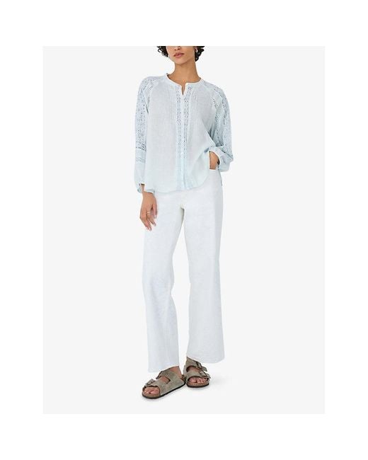 The White Company Blue Long-Sleeved Lace-Insert Linen Blouse