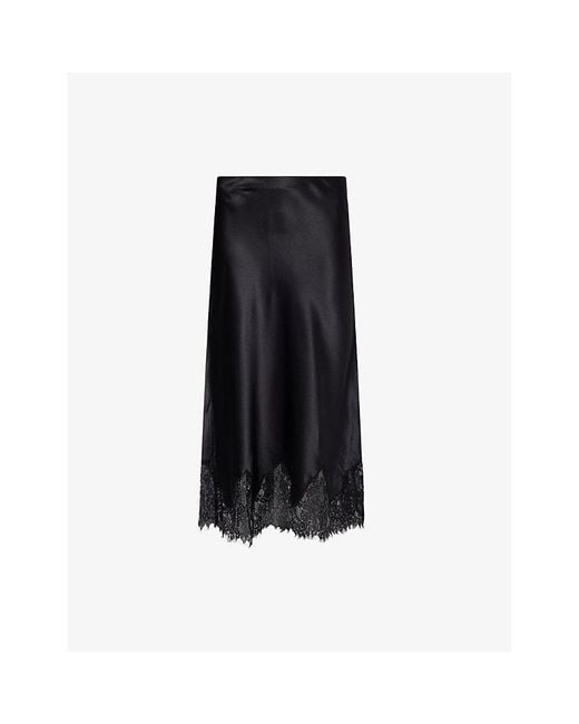 Reformation Black Carolina Lace-Trim Silk Midi Skirt