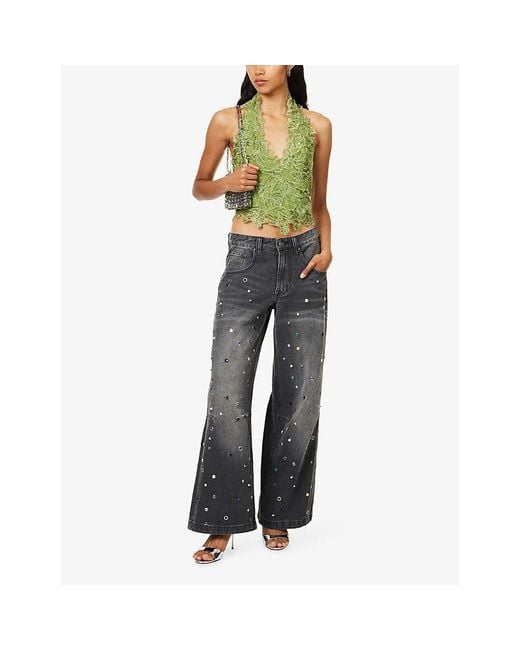 Jaded London Green Sequinned Halter-Neck Lace Top