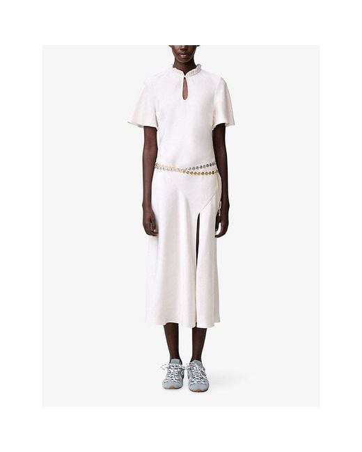 Claudie Pierlot White Short-Sleeved Keyhole Satin Midi Dress