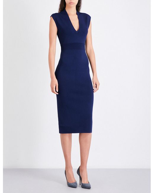 MICHAEL Michael Kors Blue V-neck Fitted Stretch-knit Dress