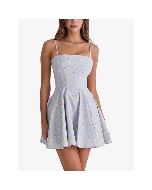 House Of Cb Blue Dolly Floral-Print Cotton Mini Dress Xs (A-C Cup)