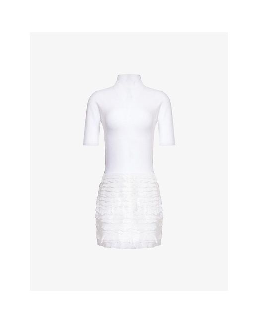 Alaïa White High-neck Ruffle-hem Knitted Mini Dress