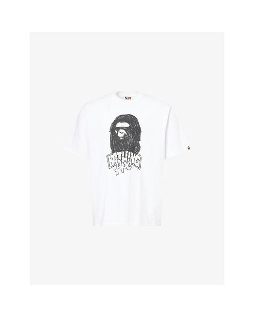 A Bathing Ape Men's White Bape Hand Drawn Ape Graphic-Print Cotton