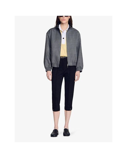Sandro Gray Relaxed-Fit Leather-Collar Wool Jacket