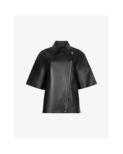 AllSaints Black Bayla Short-sleeve Bonded Leather Jacket X