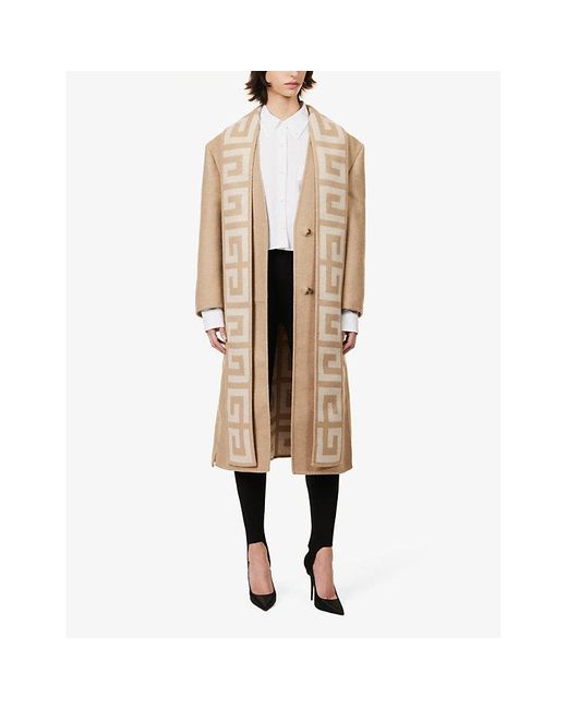 Givenchy Natural Branded-panel Relaxed-fit Wool And Silk-blend Coat