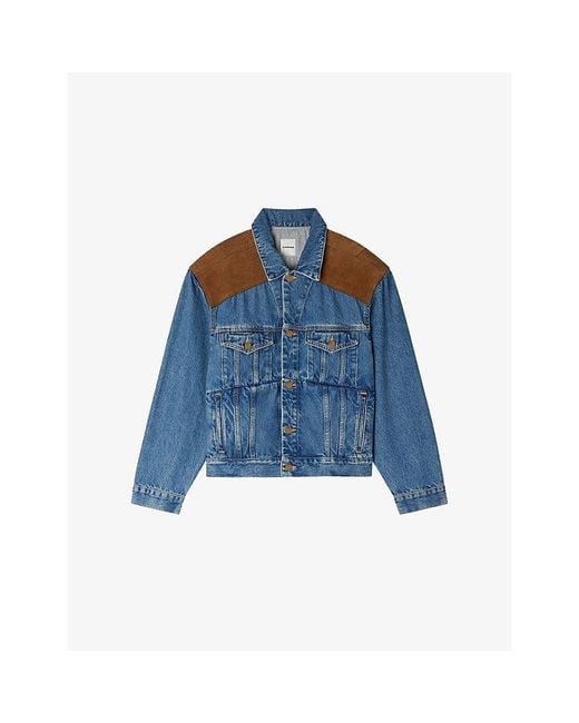 Sandro Blue Panelled Relaxed-Fit Denim And Suede Jacket