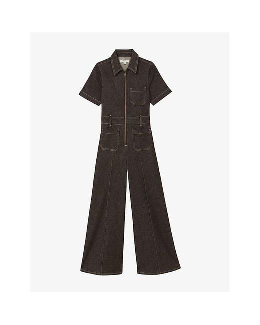 Reiss Black Danie Wide-Leg Denim Jumpsuit