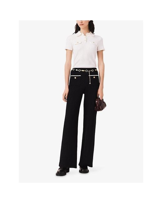 Maje Black Straight-Leg High-Rise Tweed Cotton-Blend Trousers