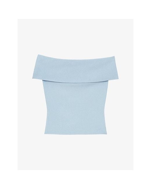 Maje Blue Ribbed Bardot-Neck Stretch-Knit Top