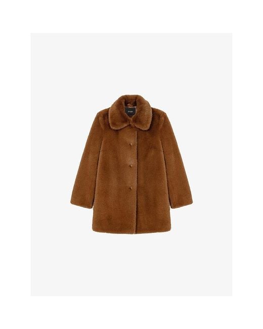Maje Brown Collared Mid-Length Faux-Fur Coat