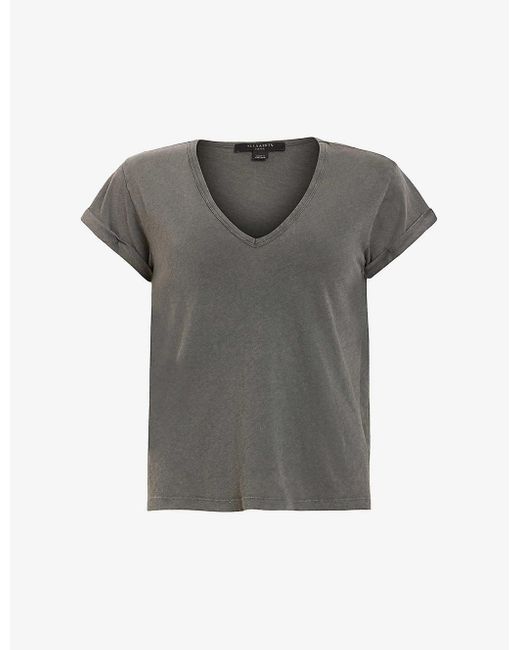 AllSaints Gray Anna V-neck Short-sleeve Organic-cotton T-shirt