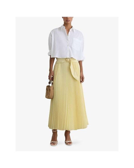 Reiss Yellow Amelie Belted-Waist Pleated Woven Midi Skirt