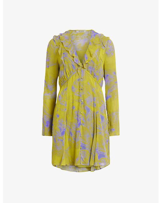 AllSaints Yellow Lini Graphic-print Cotton Mini Dress