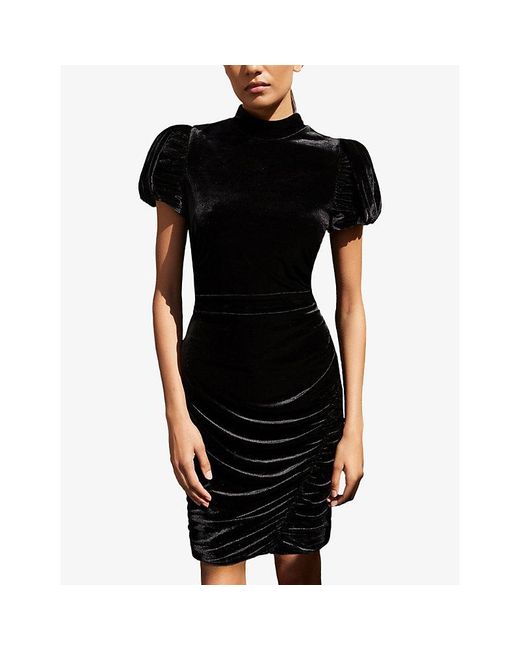 Ro&zo Black Madison Puff-Sleeved Stretch-Velvet Mini Dress