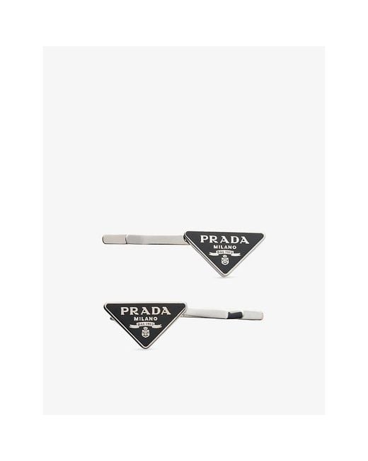 Prada White Triangle Logo Metal Hair Clips