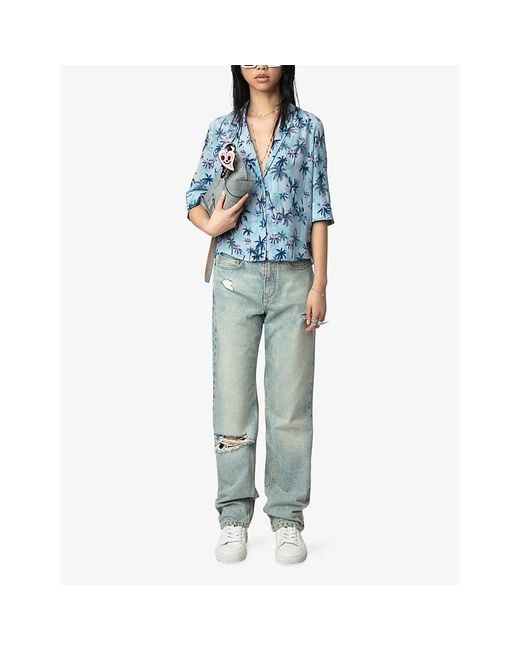 Zadig & Voltaire Blue Palm-Print Short-Sleeved Silk Shirt