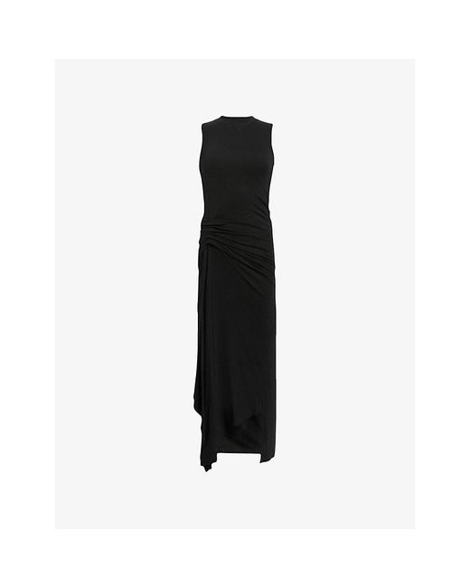 AllSaints Black Rivi Draped Jersey Midi Dress