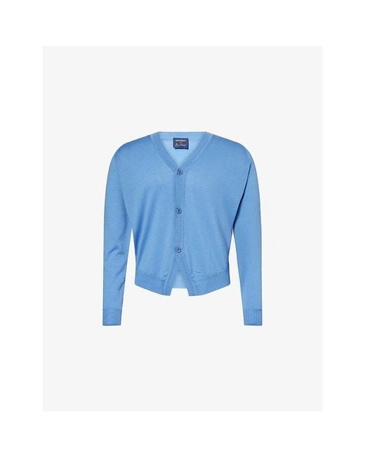 John Smedley Blue X Bill Nighy V-Neck Merino Wool Cardigan for men