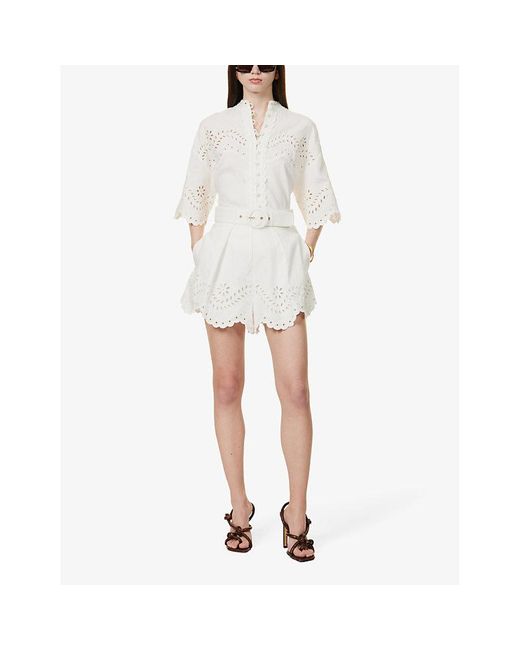 Zimmermann White Scalloped-trim Embroidered-panel High-rise Linen Shorts