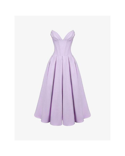 House Of Cb Purple Lady Plunge-Neck Stretch-Cotton Midi Dress