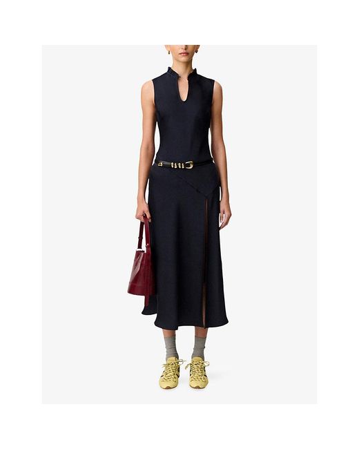 Claudie Pierlot Black Sleeveless Frill-Neck Woven Midi Dress
