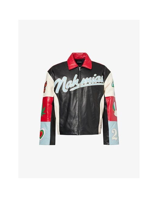 NAHMIAS Red Moto Brand-typography Regular-fit Leather Jacket for men