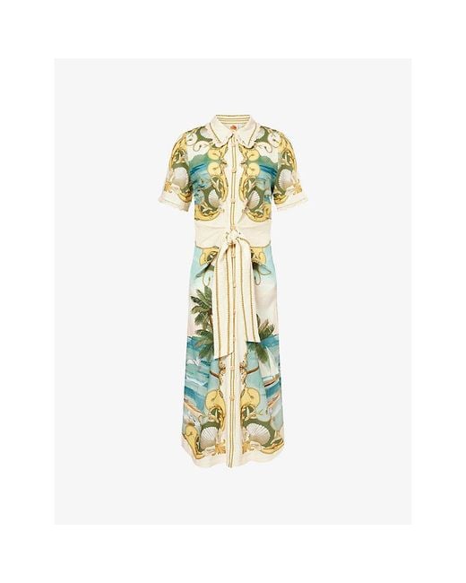 Farm Rio Metallic Royal Sea Linen-Blend Midi Dress