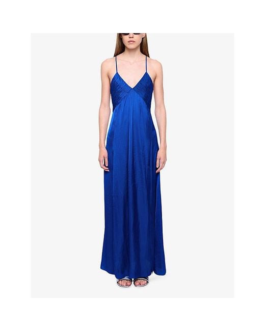 Zadig & Voltaire Blue Rayonne Split-Hem Satin Maxi Dress